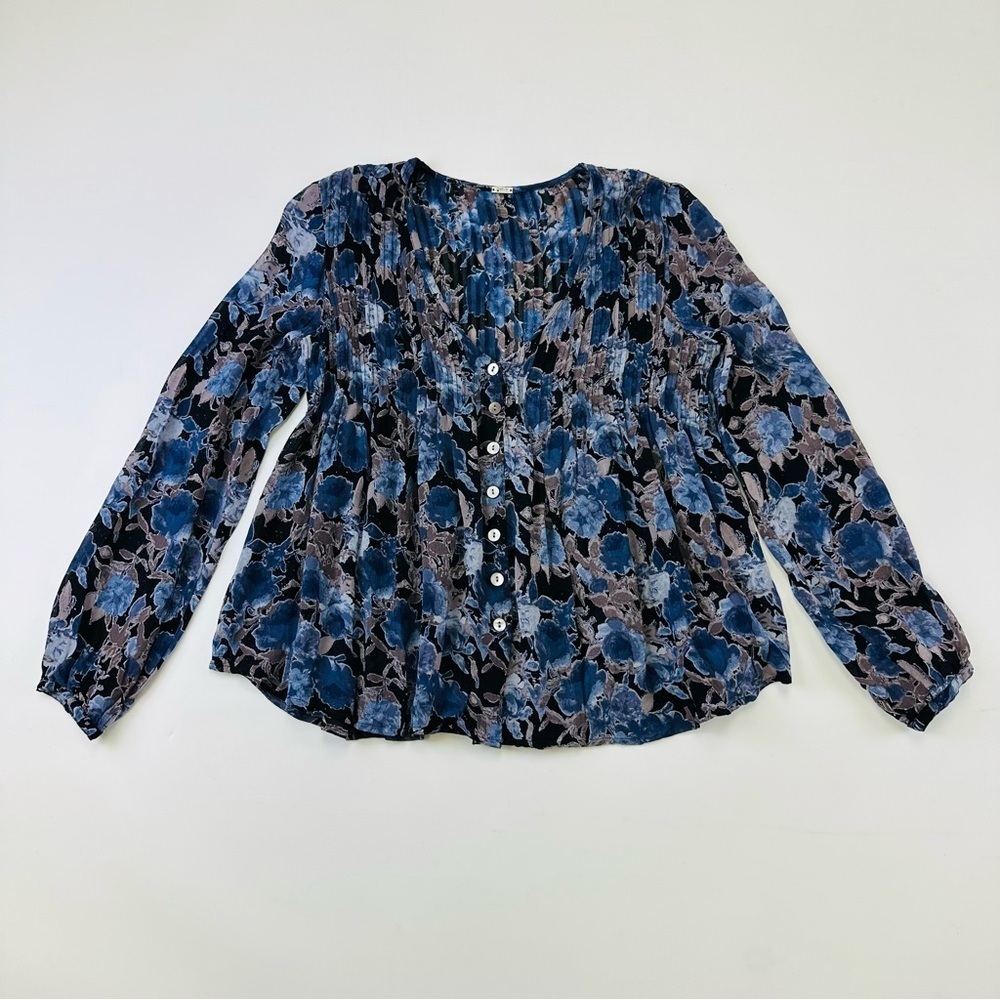 Chan Luu blue floral blouse XS long sleeve pintuck V-neck long sleeve Boho - Picture 7 of 13